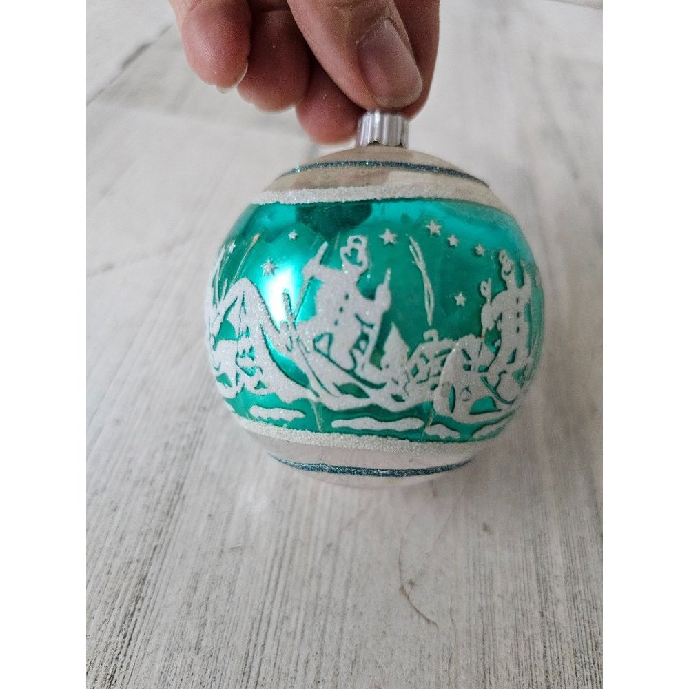 Vintage radko shiny skier snowman glitter green ball vintage ornament